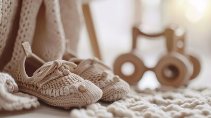 Eco-Friendly Baby Essentials: Handmade Shoes and Teethers for Newborns - obrazy, fototapety, plakaty