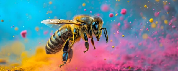 Colorful Bee on Blue and Pink Background