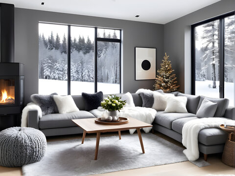 Modern living room with fireplace, forest challet interior in Winter, snowy mountain view out of windows