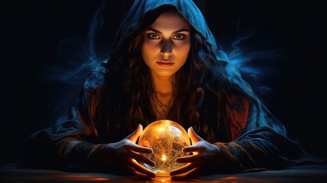 Mysterious female fortune teller guessing future at the table with magic crystal ball. Black background. AI Generated 
