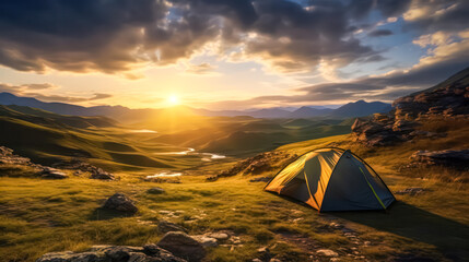 Experience natures tranquility while camping in the mountains. A picturesque sunset frames the serene landscape, perfect for outdoor enthusiasts.