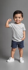 A young and cute child wearing a blank plain t-shirt in a studio photo, perfect for mockups or designing custom shirts as templates