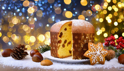 Panettone, traditional Italian Christmas cake with raisins and nuts on decorated christmas table with bokeh lights