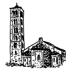 Sant Climent de Taüll. Roman Catholic church in Catalonia, Spain. Romanesque architecture. Hand drawn linear doodle rough sketch. Black and white silhouette.