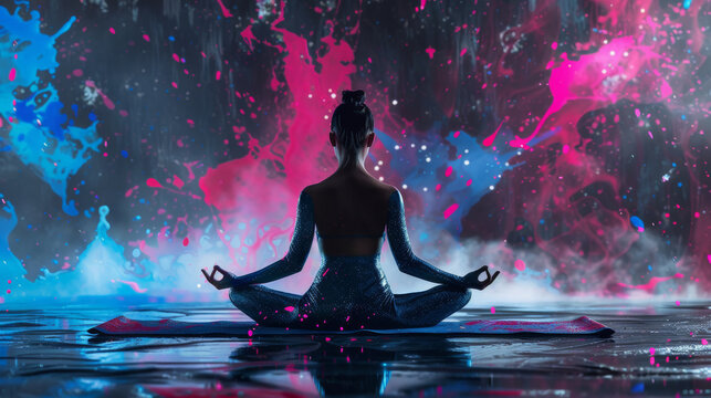 Woman in Yoga Meditation Pose Amidst Vibrant Color Splashes
