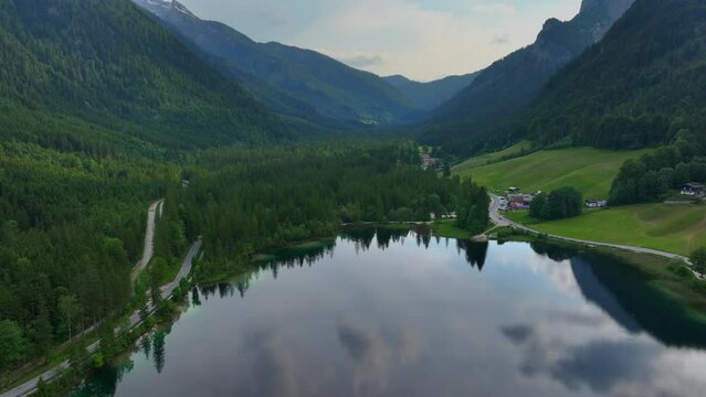 Lake Hintersee in Germany, Bavaria, National Park Ramsau in Alps. Alpine landscape, famous landmark in Germany.