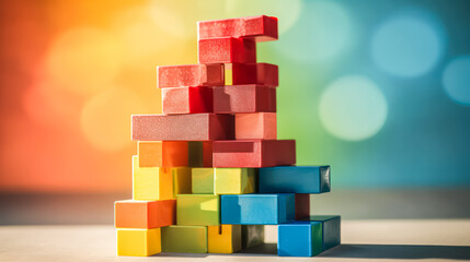 Colorful wooden building blocks arranged on a vibrant background, perfect for childrens games and educational activities.