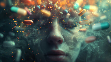 Woman's Face With Pills Erupting - obrazy, fototapety, plakaty