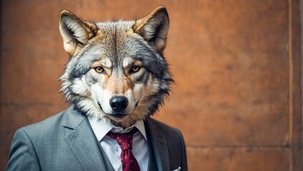 animal friendly wolf concept Anthropomorphic wearing suit formal business suit portrait shot on plain on bright color wall