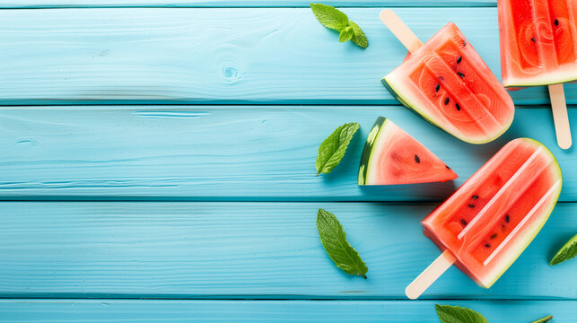 ice cream made from watermelon slices on a blue wooden table, top view