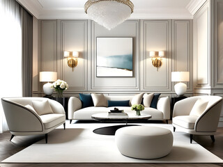 modern living room with fireplace, Cozy Interior with Elegant Armchair, Sofa, and Gorgeous Wall
