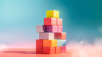 Colorful wooden building blocks arranged on a vibrant background, perfect for childrens games and educational activities.
