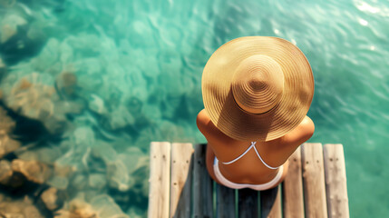 A woman in a hat sits on the pier next to the pool.