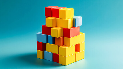 Colorful wooden building blocks arranged on a vibrant background, perfect for childrens games and educational activities.