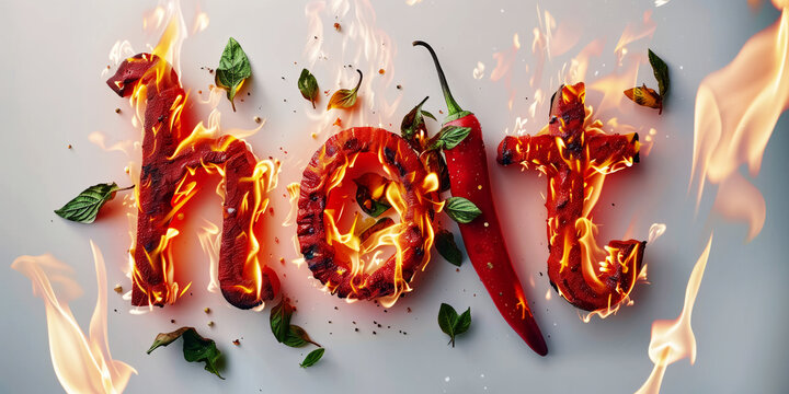 Text hot made from from 3 d letters shaped burn fire on white paper background.