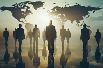 Silhouettes of business people on globe background, symbolizing international business and corporate globalization. - obrazy, fototapety, plakaty