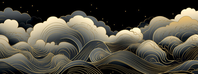 Horizontal Luxury Image of Elegant Gold Pattern on Black Background in Japanese Style