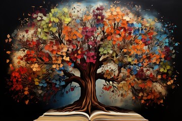 An open book displaying a realistic painting of a tree on its pages. The artwork is detailed and skillfully executed