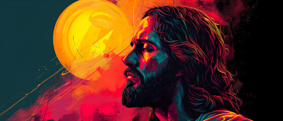 Illustration of Jesus Christ the Savior of God in a bright sunset, neon style - obrazy, fototapety, plakaty