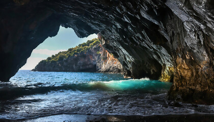  Beautiful sea cave view of the turquoise waters of the Mediterranean sea. sea cave view of the turquoise waters of the Mediterranean sea - obrazy, fototapety, plakaty
