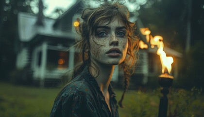 At night, a woman stands in front of the cabin with a lit torch