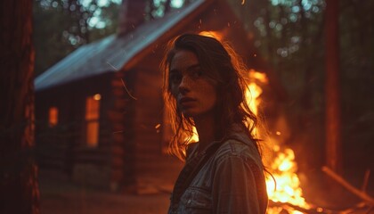 Fototapeta premium At night, a woman walked into the forest with a burning cabin behind her