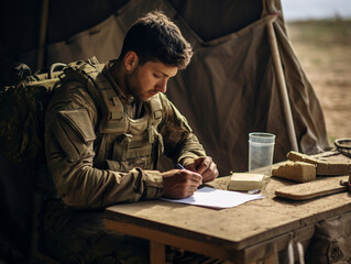 Fototapeta na wymiar A soldier pens an emotional letter, pouring his heart out to loved ones amidst duty.