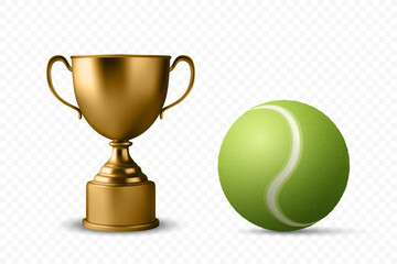 Vector 3d Realistic Blank Golden Champion Cup Icon with Tennis Ball Set Closeup Isolated. Design Template of Championship Trophy. Sports Awards, Victory Celebrations, Golf Championship Concept