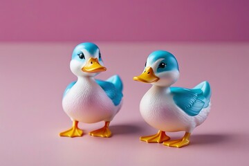 Adorable Blue and White Pair of Ducks Figurine on Pink Background