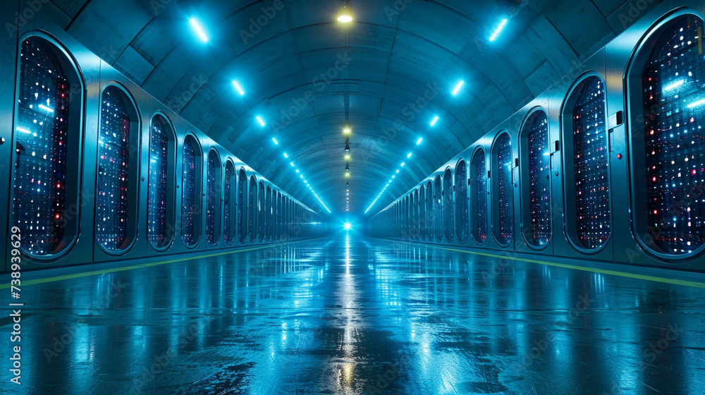 Poster futuristic corridor with server racks in a tunnel