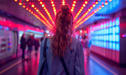 A neon-lit subway tunnel with a person walking, embodying the vibrant beat of urban nightlife - obrazy, fototapety, plakaty
