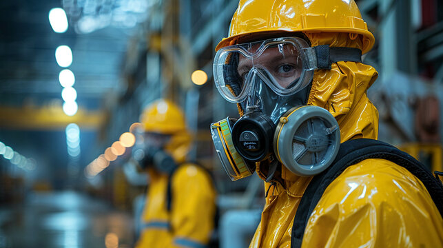 Engineers in hazmat gear inspect a fuel leak in an industrial warehouse