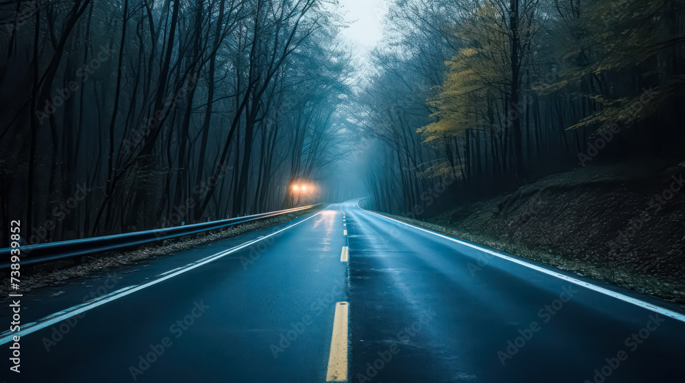 Poster a winding route traverses through a dense forest, illuminated only by moonlight, creating a mysterio