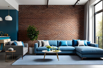 Chic Urban Living Space - Brick Accent Wall, Blue & Gray Sofa Centerpiece
