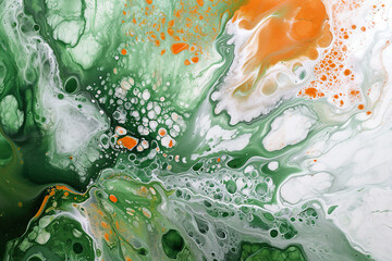 watercolor of green, orange, and white splashes in water, fluid acrylics, psychedelic artwork