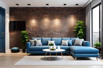 Modern Apartment Living Room - Brick Wall, Blue & Gray Sofa Set the Tone