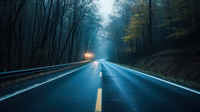 A winding route traverses through a dense forest, illuminated only by moonlight, creating a mysterious and enchanting scene under the night sky. - Powered by Adobe