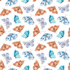 Watercolor butterflies seamless pattern, digital paper. Moths, insects. Blue and brown butterflies. For printing on textiles, packaging paper, fabric, tableware. Butterflies print.