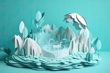 Rolgordijnen paper winter landscape. Cute paper cut-out landscape background. eco concept. paper craft or origami style for children's room, nursery, children's design. © zamuruev