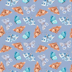 Blue and brown butterflies watercolor seamless pattern. Digital paper. Moths, insects. Butterflies print. Blue background. For printing on textiles, packaging, fabric, tableware.