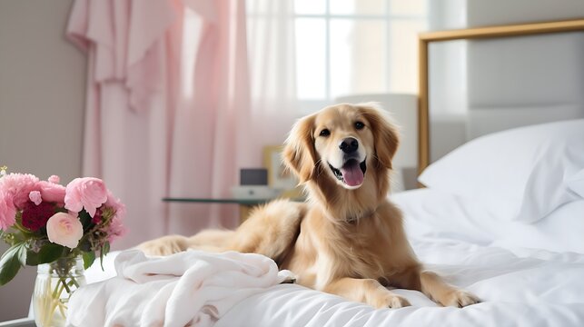 Pet friendly hotel concept. Cute dog in bedroom. Traveling with pets. Emotional support concept.
