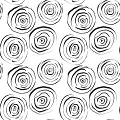 Seamless abstract geometric pattern. Background in black, white. Illustration. Lines, circles, meanders, spirals. Design for textile fabrics, wrapping paper, background, wallpaper, cover.