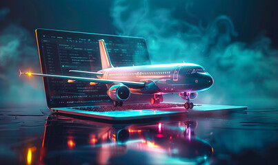 Futuristic concept of a commercial airliner jet emerging from a laptop screen, symbolizing online travel booking, virtual tourism, and digital flight services - obrazy, fototapety, plakaty