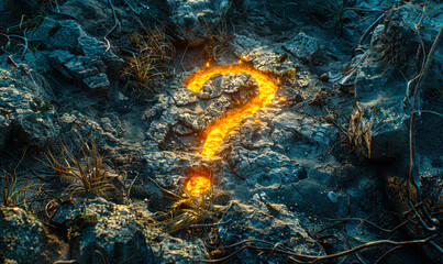 Mystical Glowing Question Mark Imprinted on Earthy Ground Signifying Curiosity, Mystery, and the Quest for Knowledge in a Natural Setting - obrazy, fototapety, plakaty