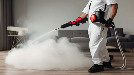 Pest control exterminator worker spraying pest in apartment