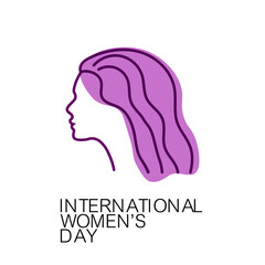 Image of a girl in profile in purple. Van line art style. Design for International Women's Day. Or as a logo or label for a beauty salon or hairdresser