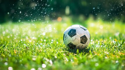 Fototapeta premium Close up of a soccer ball resting on vibrant green grass, ready for an intense match or a friendly game under the bright sunlight.