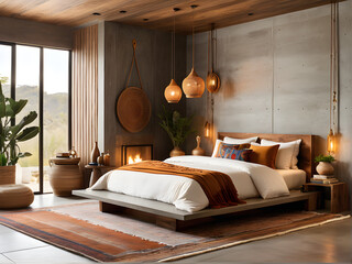 Modern Boho Bedroom Sanctuary - Concrete & Wood Accents, Free-Spirited Flair
