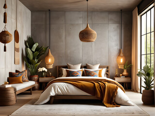 Free-Spirited Boho Bedroom Oasis - Concrete & Wood Panels Captivate
