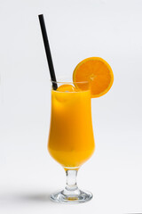 Studio photo of a glass of freshly squeezed orange juice with black drinking straw isolated on white background